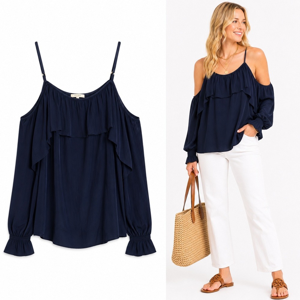 Elan Top‎ Womens Navy Blue Cold Shoulder Ruffle Long Sleeve Flowy Boho Blouse